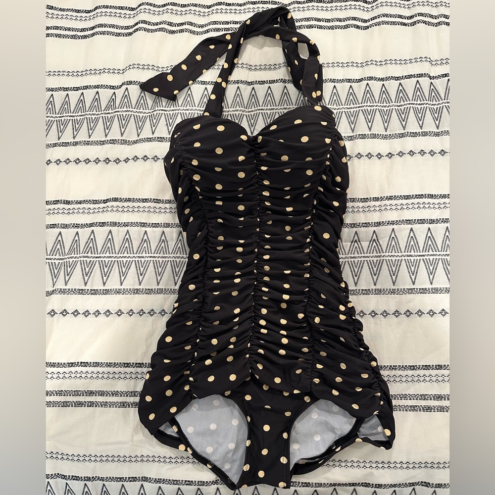 Unique Vintage Black and Cream Polka Dot Swimsuit